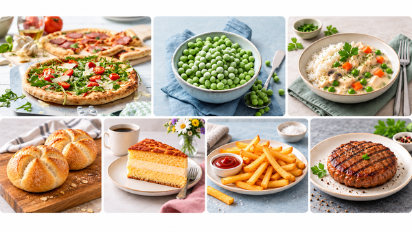 Collage der sieben untersuchten Produktgruppen der Studie Umweltbilanz Tiefkühlkost 2025: Salami-Pizza, Erbsen, Hühnerfrikassee, Weizenbrötchen, Mandel-Bienenstich-Torte, Pommes frites und Burger-Patty