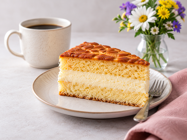 Stück Mandel-Bienenstich-Torte mit Kaffee und Blumen