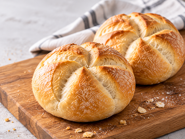 Goldbraune Weizenbrötchen auf einem Holzbrett