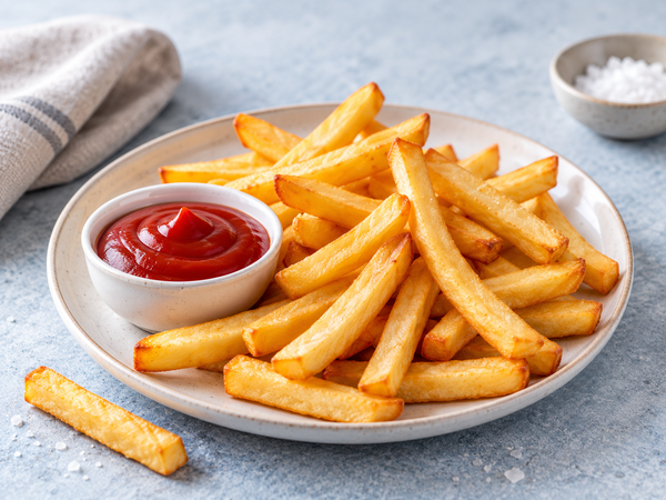 Goldbraune Pommes frites mit Ketchup