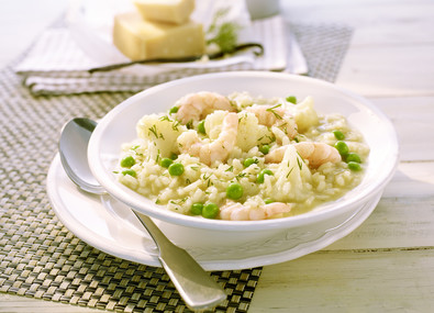 Blumenkohl-Erbsen-Risotto mit Garnelen